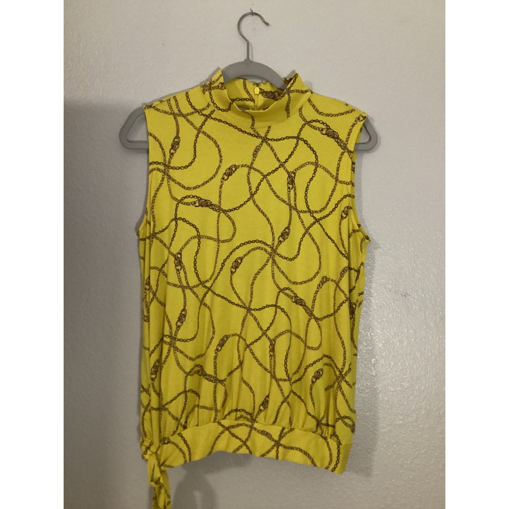 LAUREN RALPH LAUREN Yellow‎ Chain Print Sleeveless Mock Neck Tie Waist Top